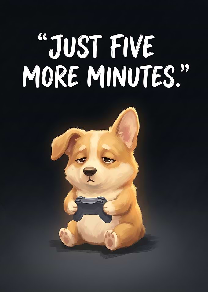 Funny Dog Gamer 'Just Five More Minutes'