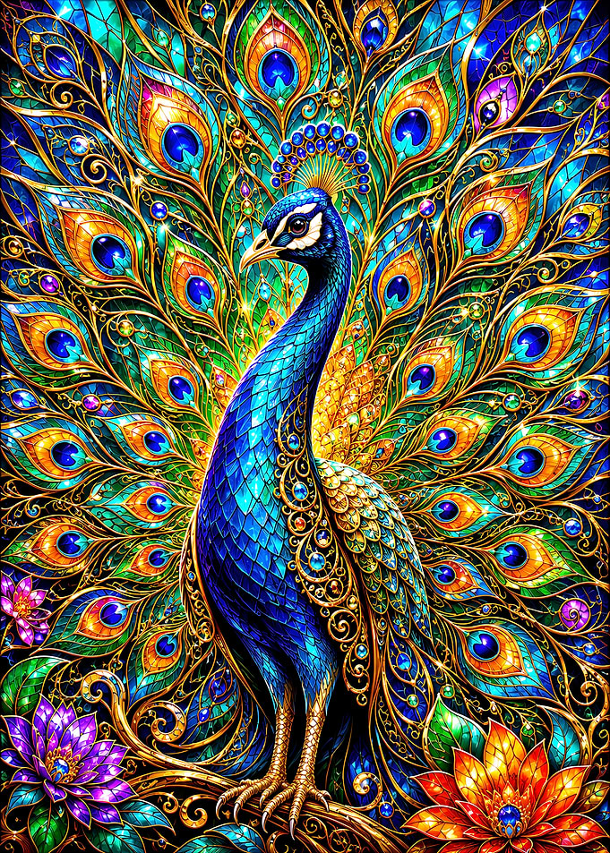 Stained Glass Peacock with Flowers