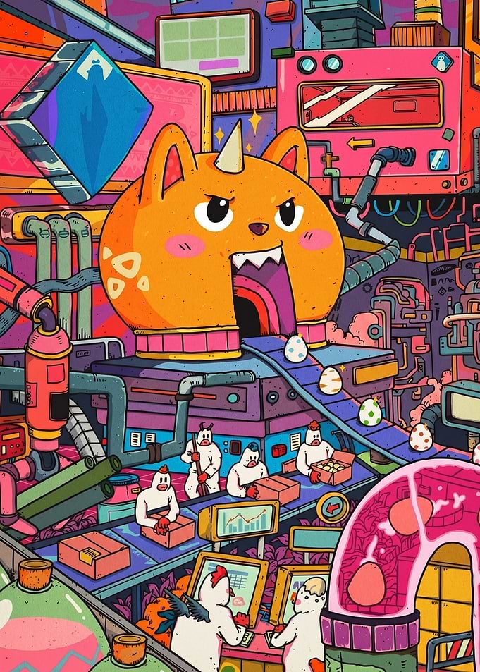 Whimsical Factory with Cat-Unicorn and Chicken Workers