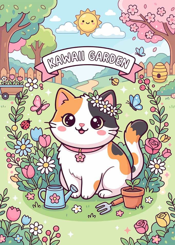 Kawaii Cat in a Garden