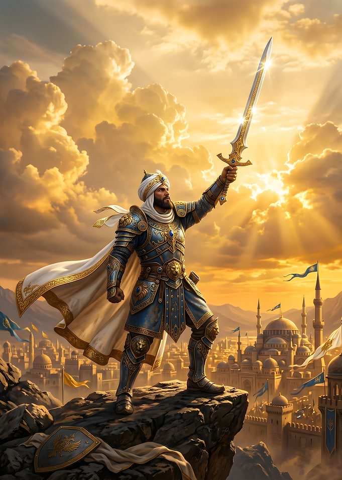 Warrior Raising Sword Over City