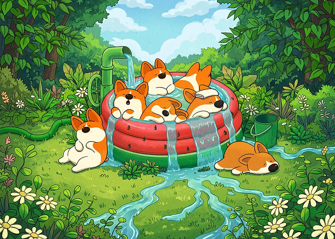 Corgis cooling off in a watermelon pool