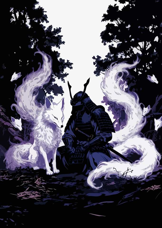 Samurai with Kitsune in Forest