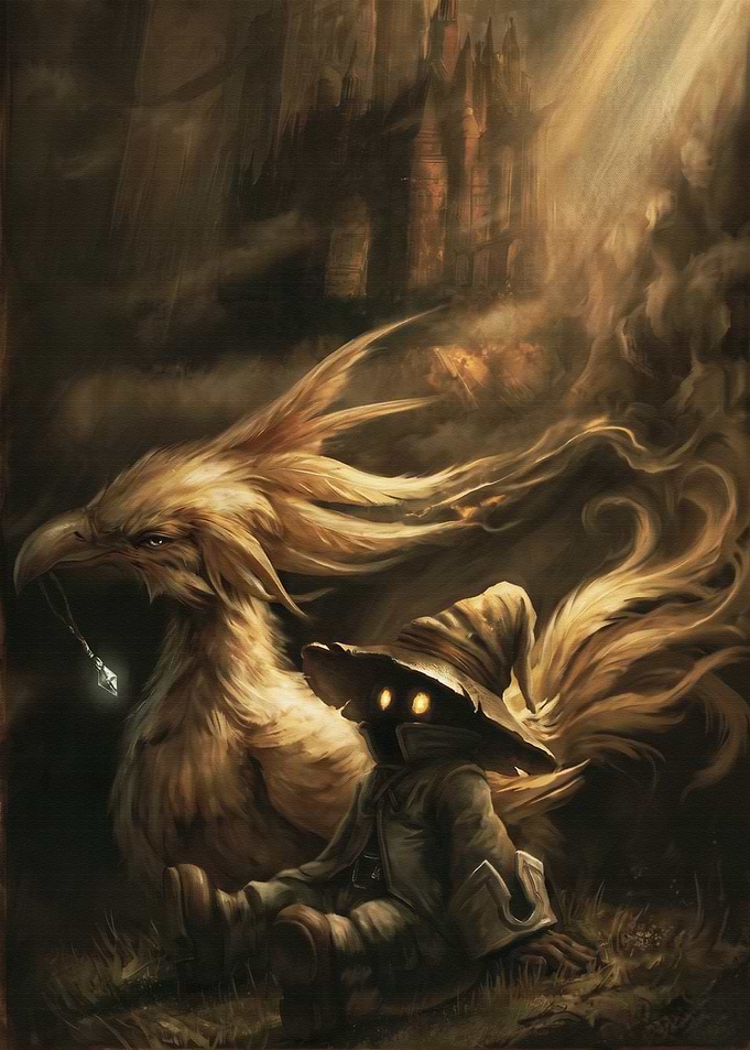 Vivi and a Chocobo in a fantasy setting