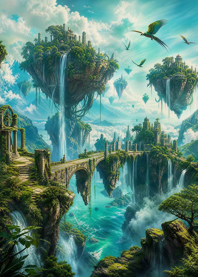 Floating Islands with Waterfalls and Ancient Ruins