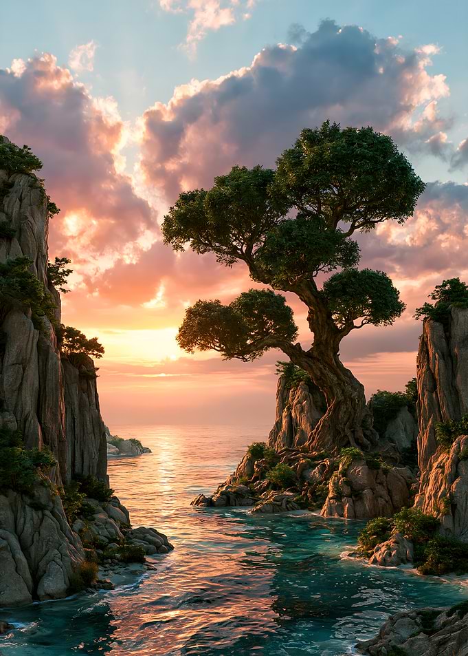 Serene Coastal Sunset with Ancient Tree