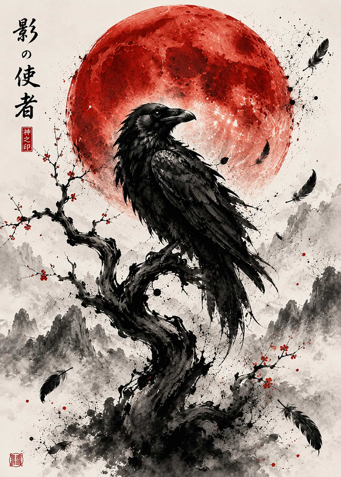 Shadow Messenger – Japanese Raven Sumi-e Art