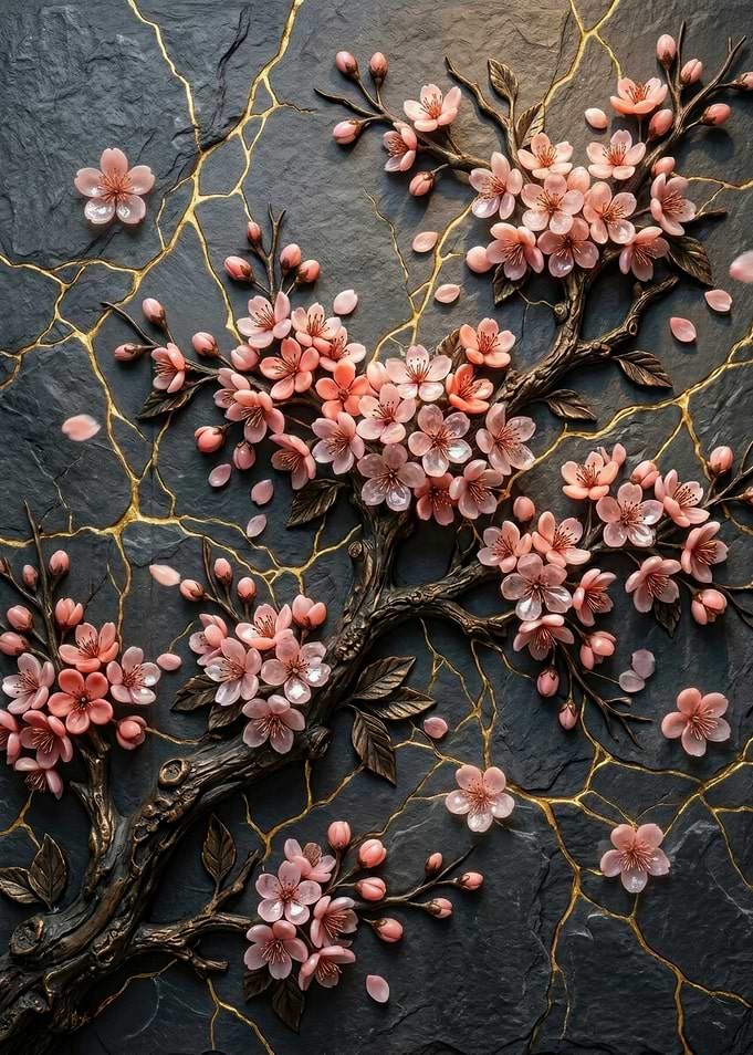 Kintsugi Cherry Blossoms on Dark Stone