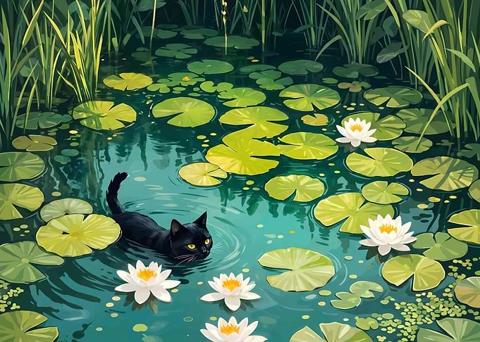 Black Cat Swimming Among Water Lilies
