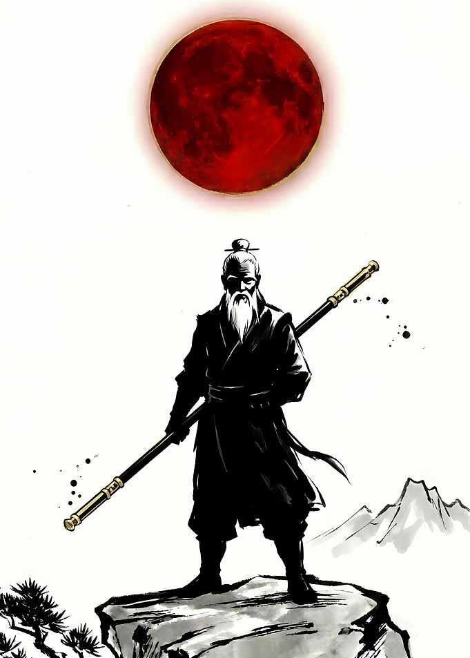 Elderly Warrior Under a Blood Moon