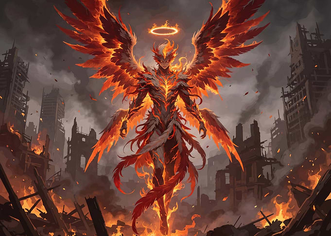 Fiery Angel in Ruined City