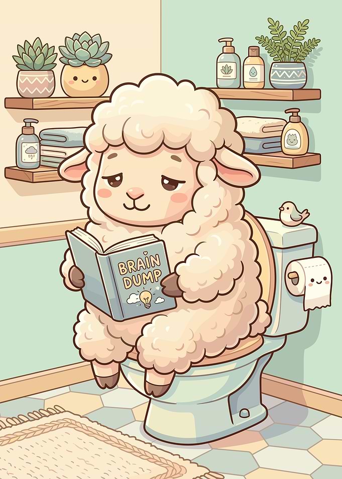 Cute Sheep Reading on Toilet