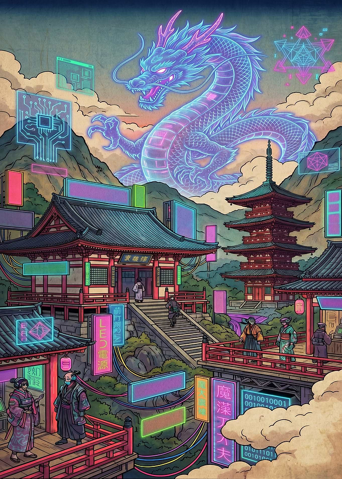Cyberpunk Dragon Over Japanese Temple