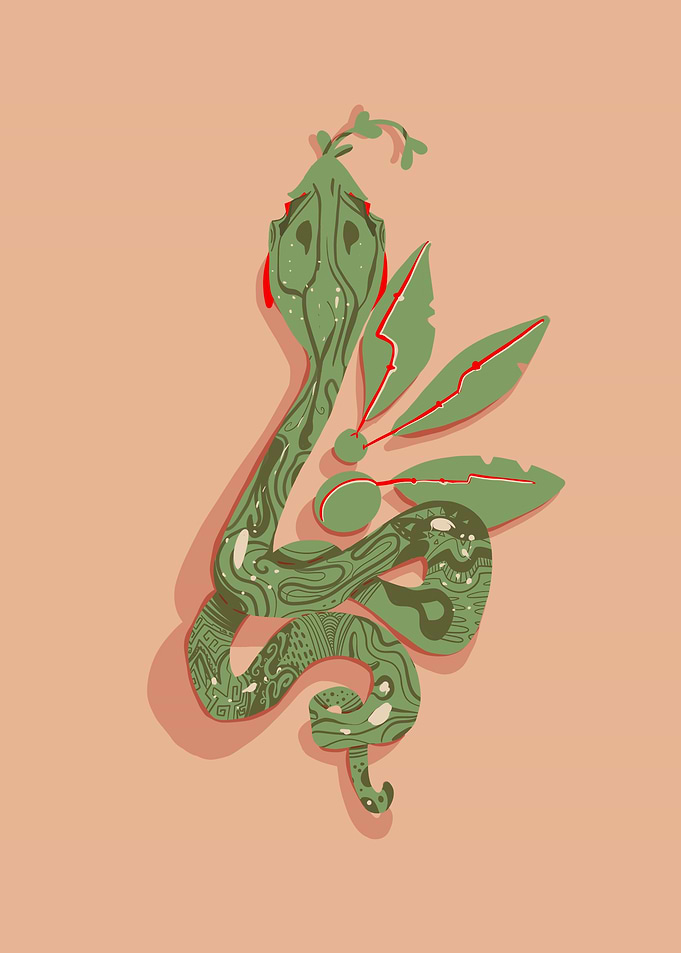 Green Snake with Leaves and Berries