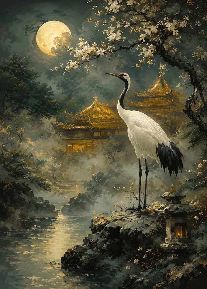 Crane by Moonlit Temple