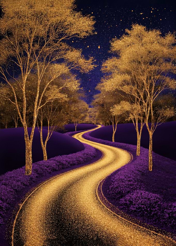 Enchanted Golden Road Under Starry Sky