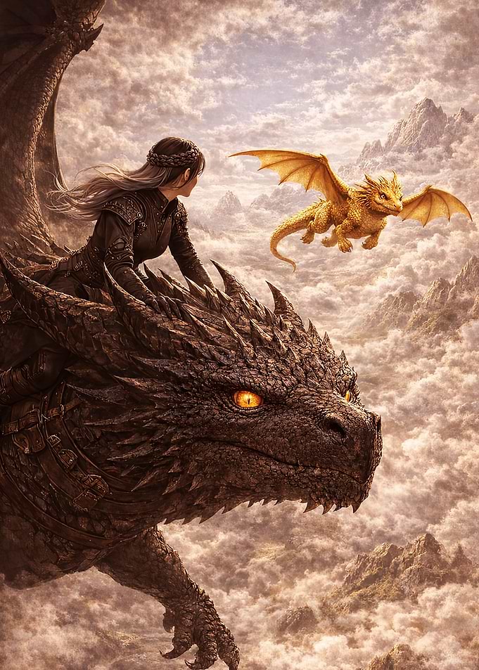 Woman Riding Dragon with Baby Dragon
