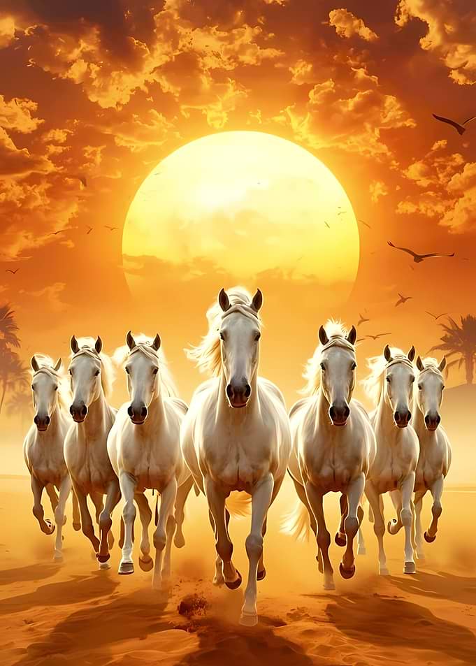Seven White Horses Running Towards Sun