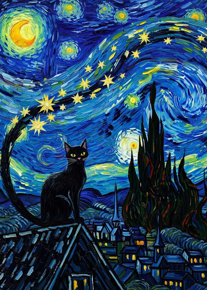 Black Cat in Starry Night