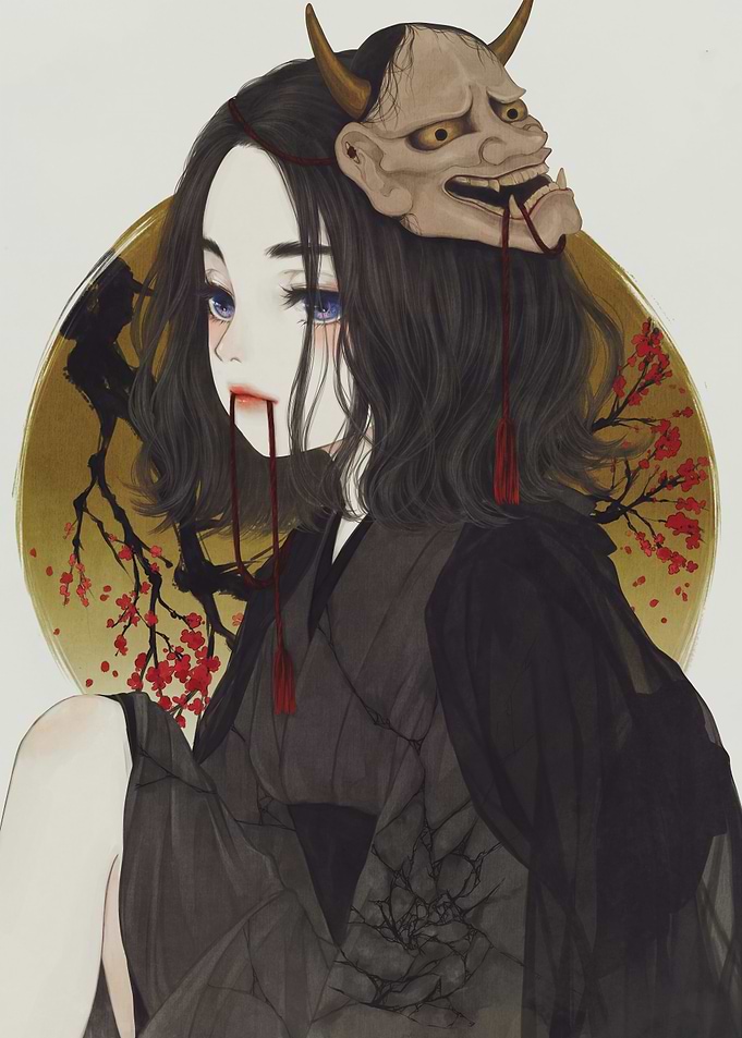 Girl with Oni Mask and Cherry Blossoms