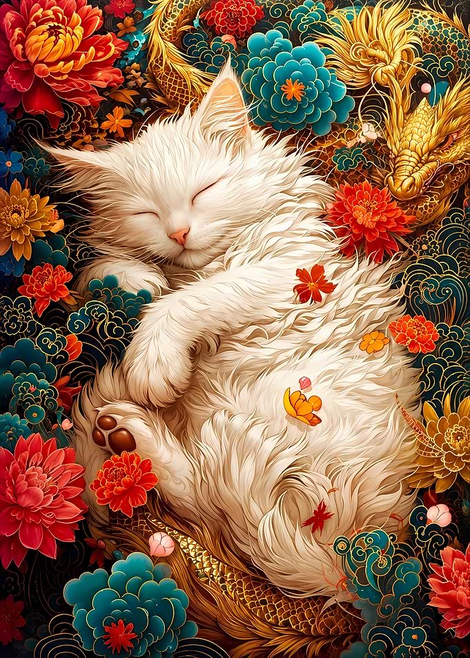 Fluffy White Cat Sleeping Amidst Flowers and Dragon