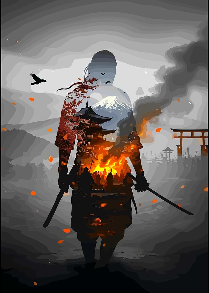 Samurai Silhouette with Japanese Landscape