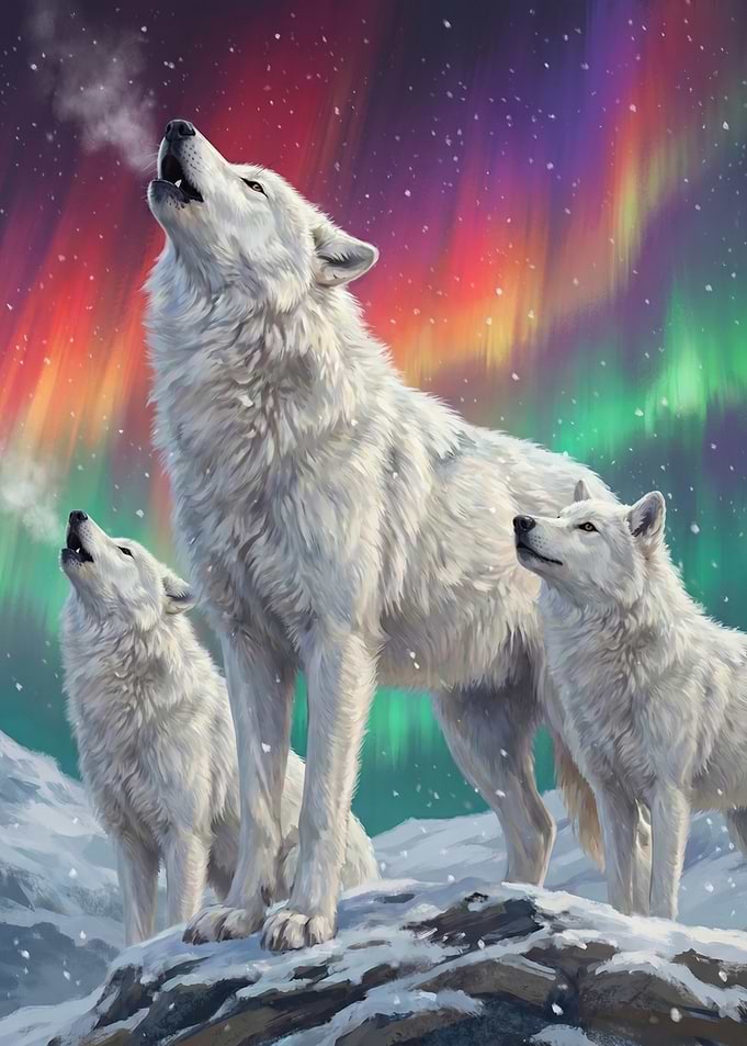 Three White Wolves Howling Under Aurora Borealis
