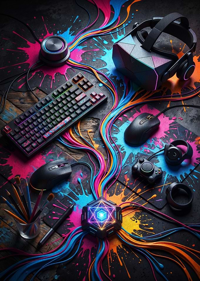 Vibrant Gaming Setup with Neon Splatter