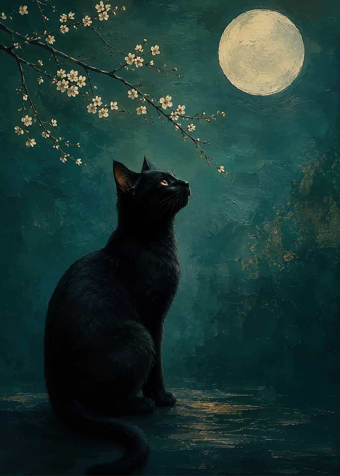 Black Cat Under Cherry Blossoms and Moon