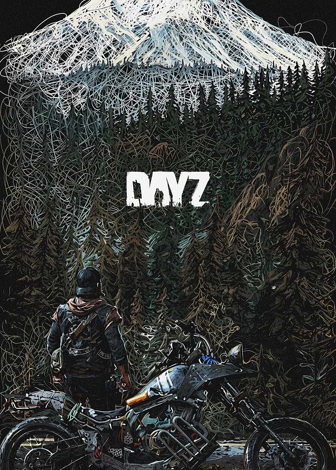 DayZ Game Poster with Motorcycle and Mountain