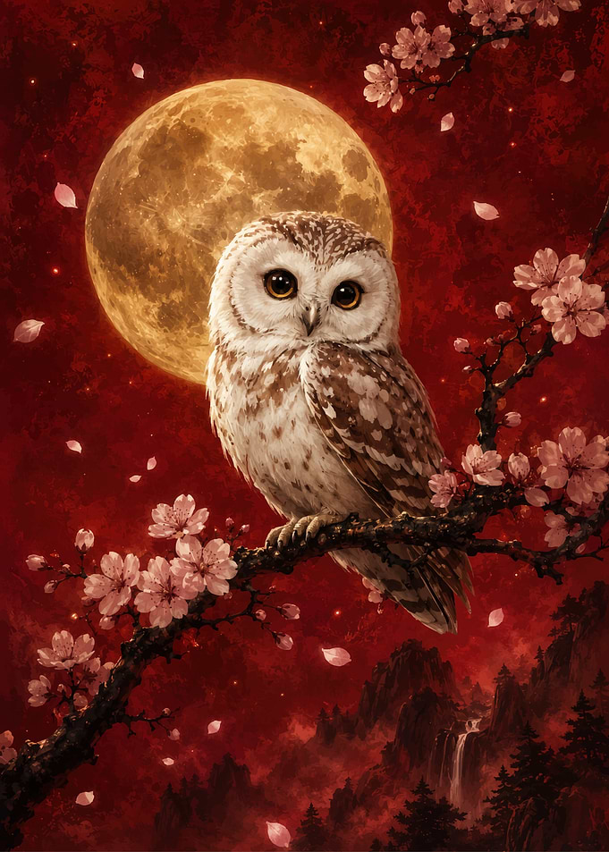 Owl on Cherry Blossom Branch Under Full Moon