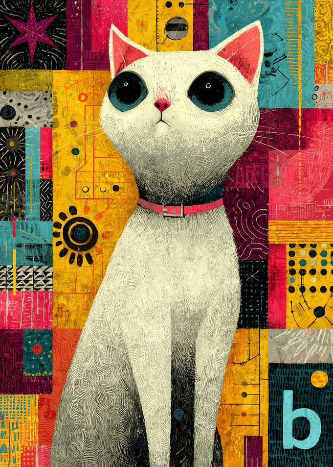 Whimsical Cat with Bold Geometric Background