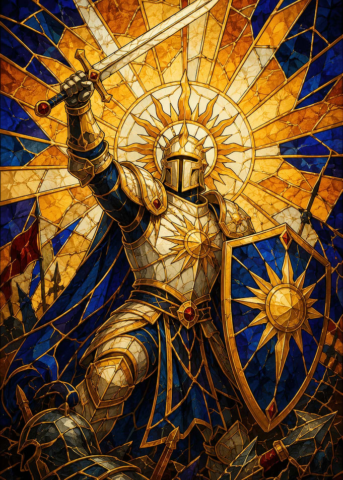 Stained Glass Knight with Sun Symbol