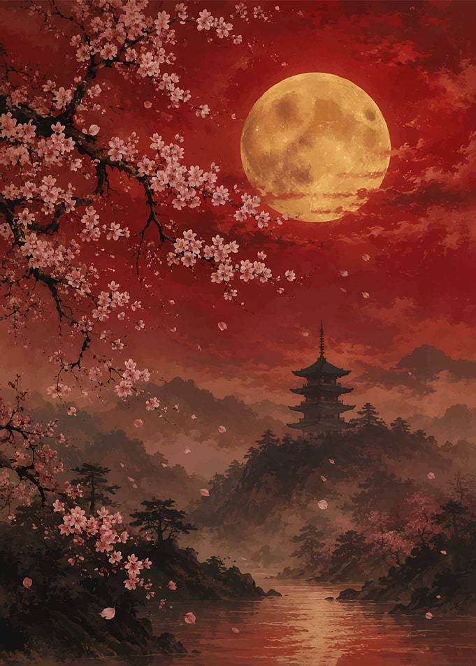 Japanese Pagoda Under a Red Moon