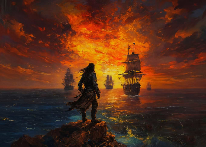 Pirate Captain Gazes at Fleet at Sunset