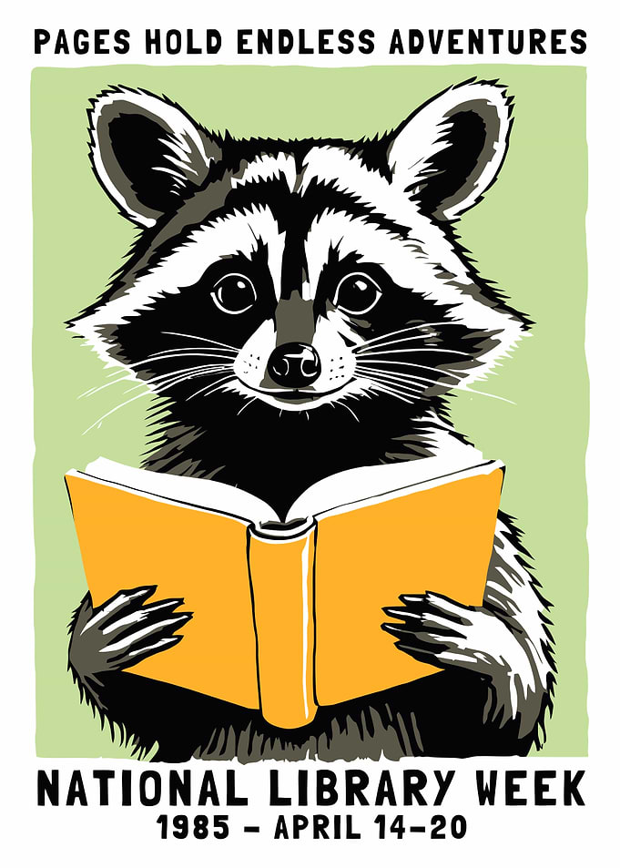 Raccoon reading a book for National Library Week