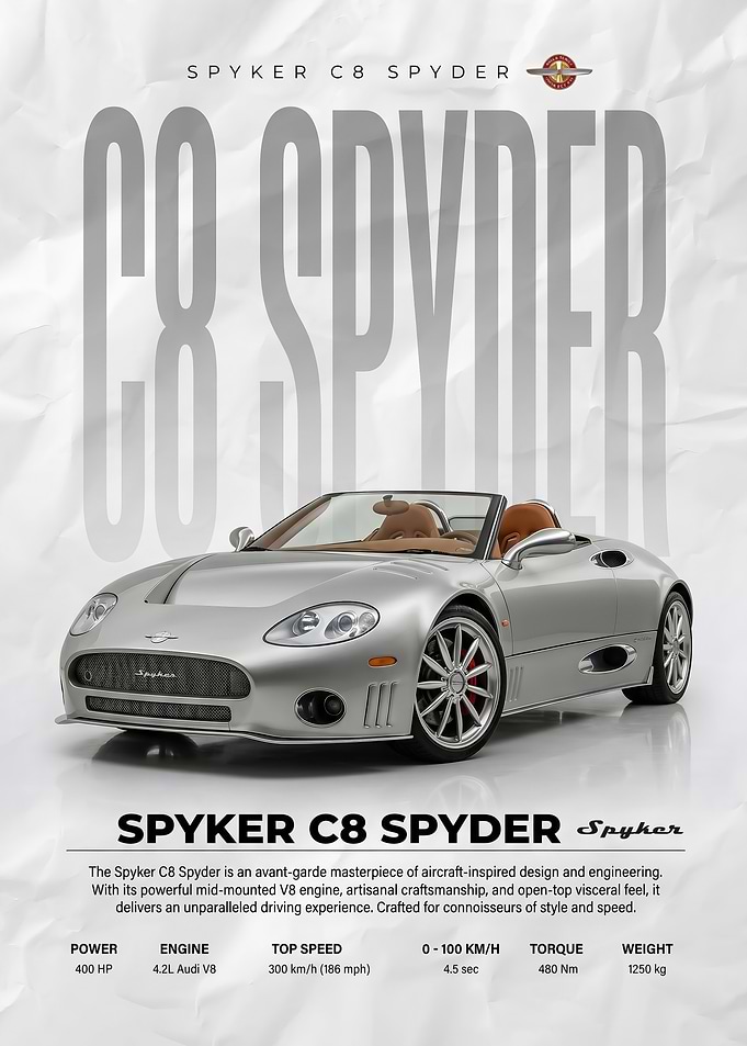 sleek Spyker C8 Spyder Convertible car poster