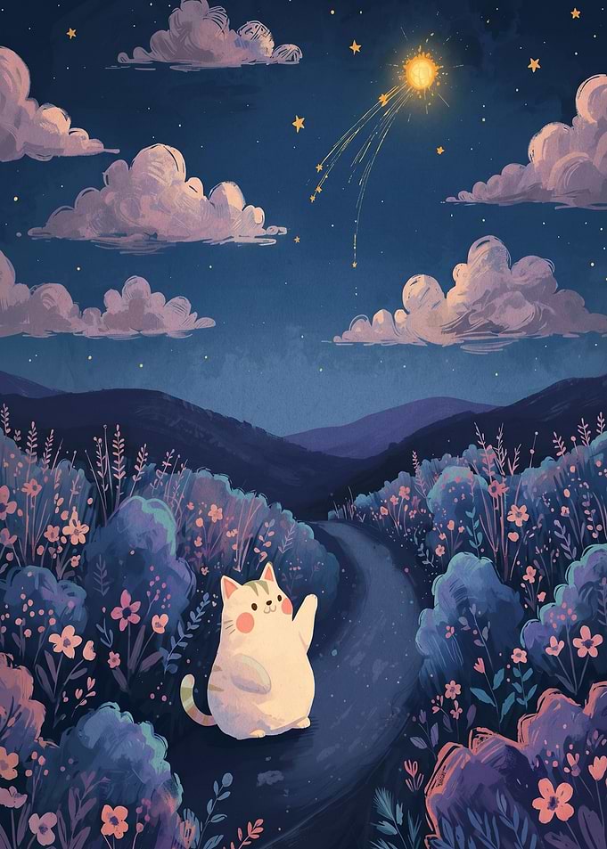 Cute Cat Watching a Shooting Star