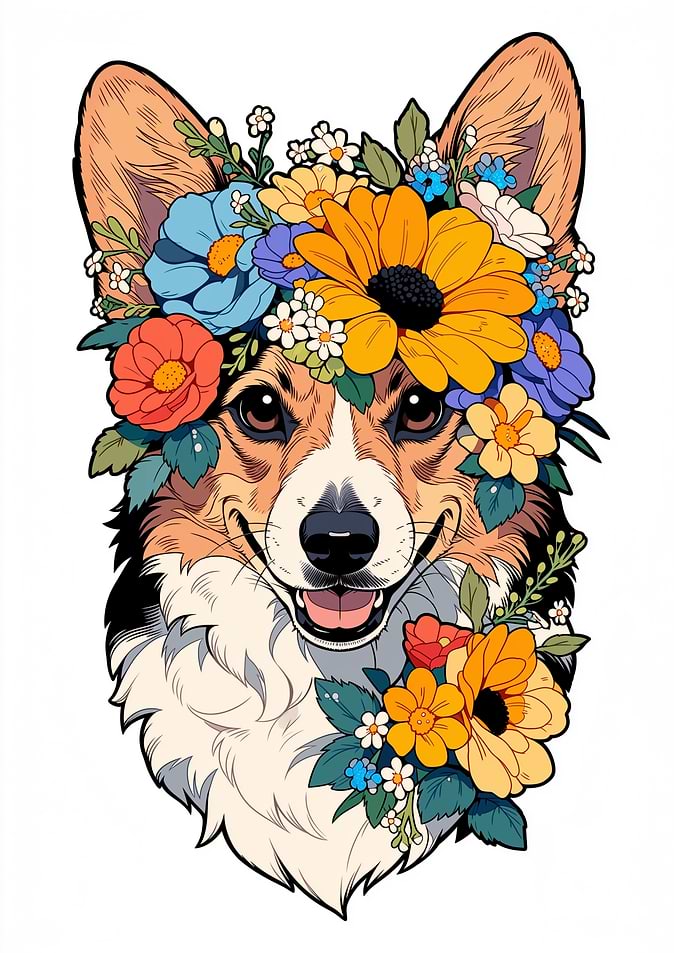 Corgi Dog with Flower Crown