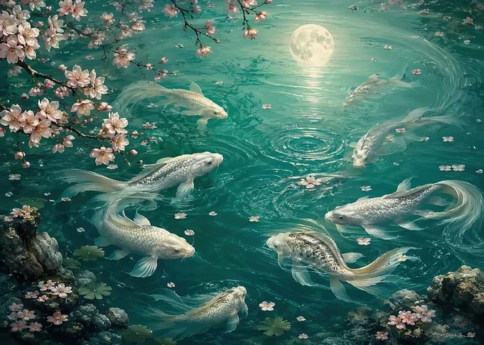 Koi Fish Under Moonlight with Cherry Blossoms