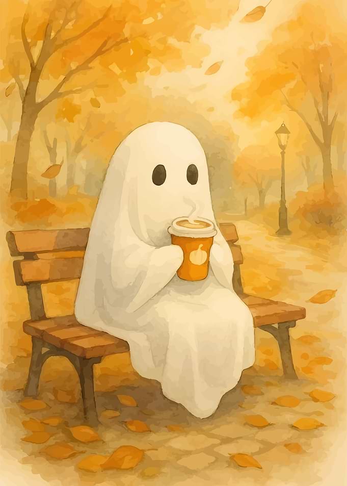 Cute Ghost Enjoying Autumn Coffee