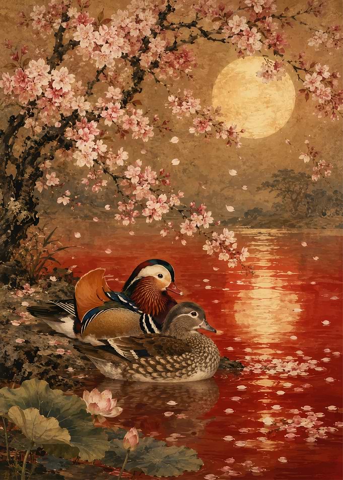 Mandarin Ducks Under Cherry Blossoms