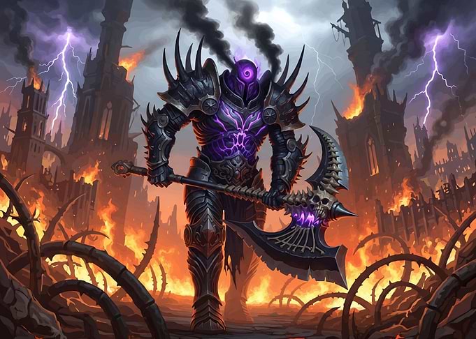 Dark Knight with Scythe in Fiery Landscape