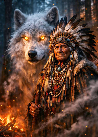 Native American Chief and Wolf Spirit
