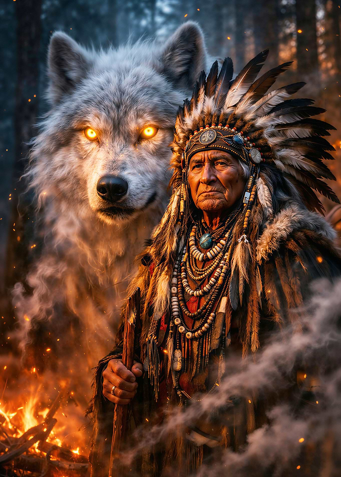 Native American Chief and Wolf Spirit