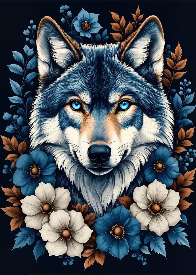 Wolf surrounded by flowers