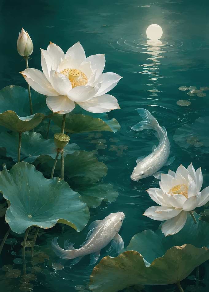 Koi Fish and Lotus Flowers in Moonlight