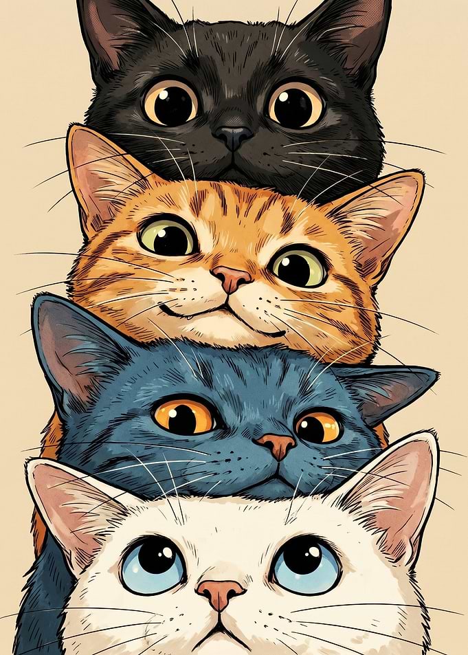 Stack of Cute Cartoon Cats