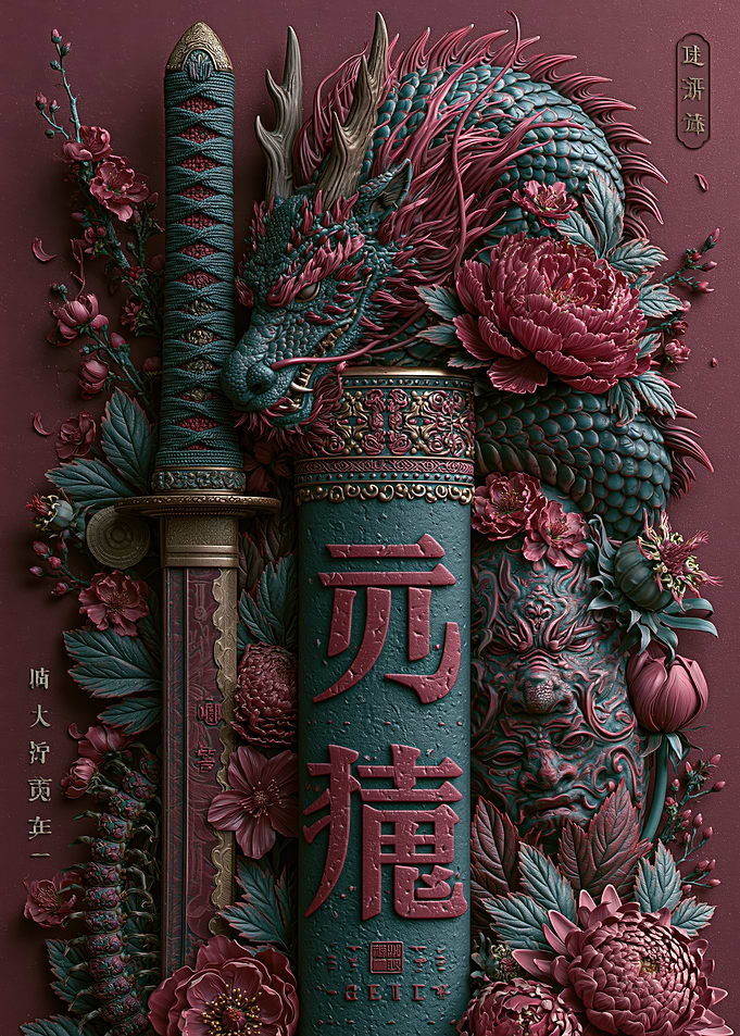 Dragon and Katana with Peonies