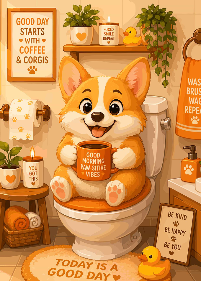 Corgi on Toilet with Coffee